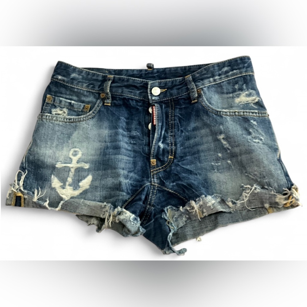 DSQUARED2 Distressed Light Wash Denim Shorts Men’s IT 46 US 30/32 Anchor Printed